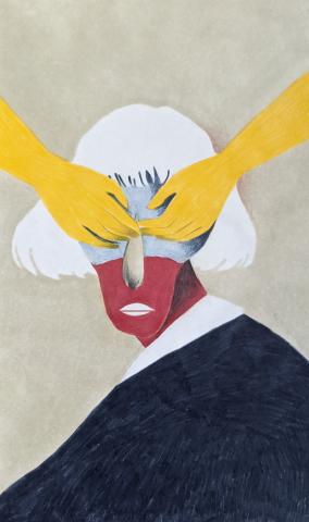 Colloque Genre et Médicalisation - Visuel officiel illustration dessinée artistique d'un personnage dont les yeux sont couverts par deux mains